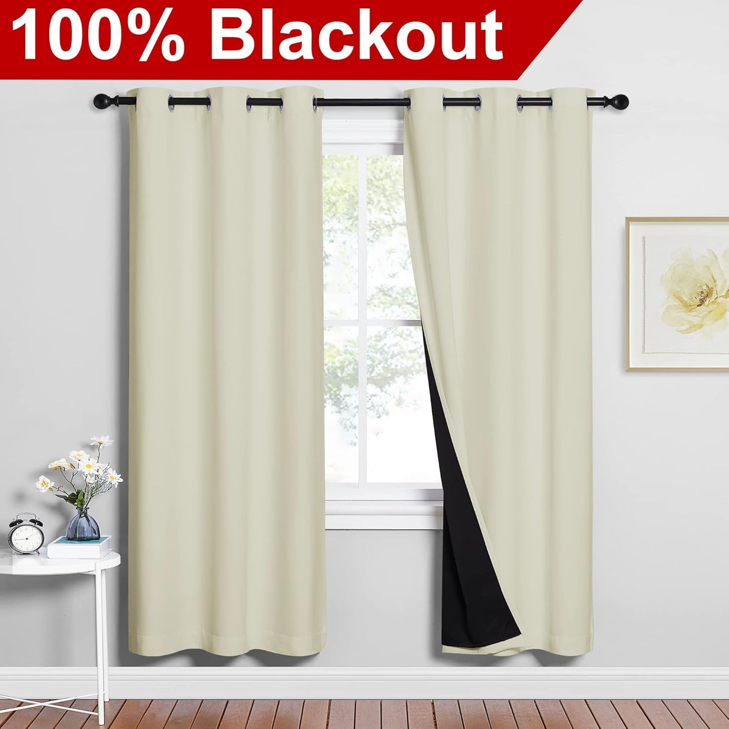 NICETOWN Living Room Completely Shaded Draperies, Privacy Protection & Noise Reducing Ring Top Drapes, Black Lined Insulated Window Treatment Curtain Panels (Beige, 2 Pieces, W42 x L72)
