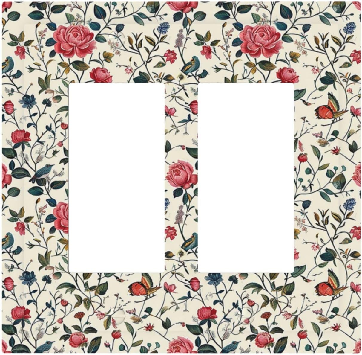 Decorative Outlet Covers Vintage Flowers Rose Leaf Bird Butterfly 2 Gang Double GFCI Rocker Electrical Wall Panels Light Switch Cover Plate for Bedroom living Room Decor