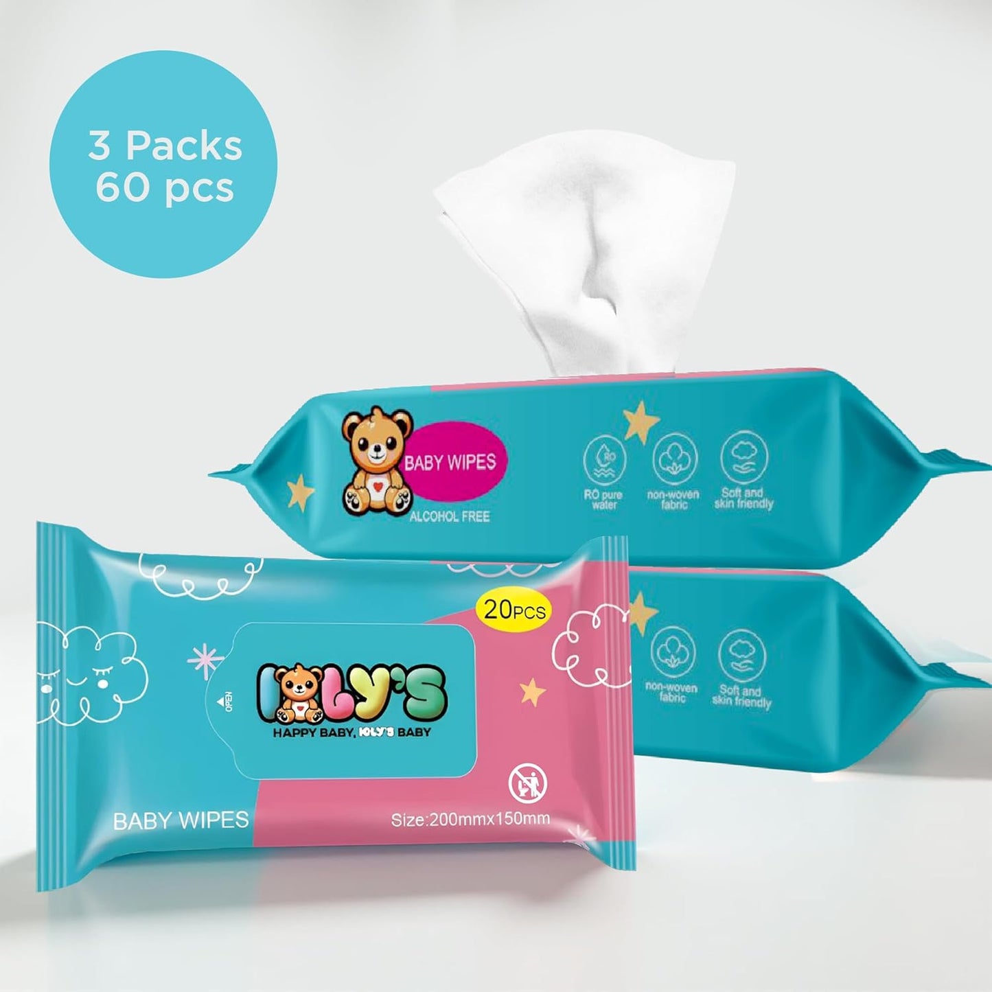 Ioly's Baby Wipes Unscented Wet Wipes 99% Water Based with Aloe Vera Fragrance Free Travel Pack 20 ct Hypoallergenic Water wipes for Sensitive Skin Toallitas Húmedas para Bebés Bulk Available