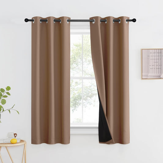 NICETOWN 100% Blackout Curtains Thermal, Noise Reduction and Privacy Curtains for Patio Door, Black Lined Blackout Drapes with Grommet Top, Cappuccino, 1 Pair, W37 x L60
