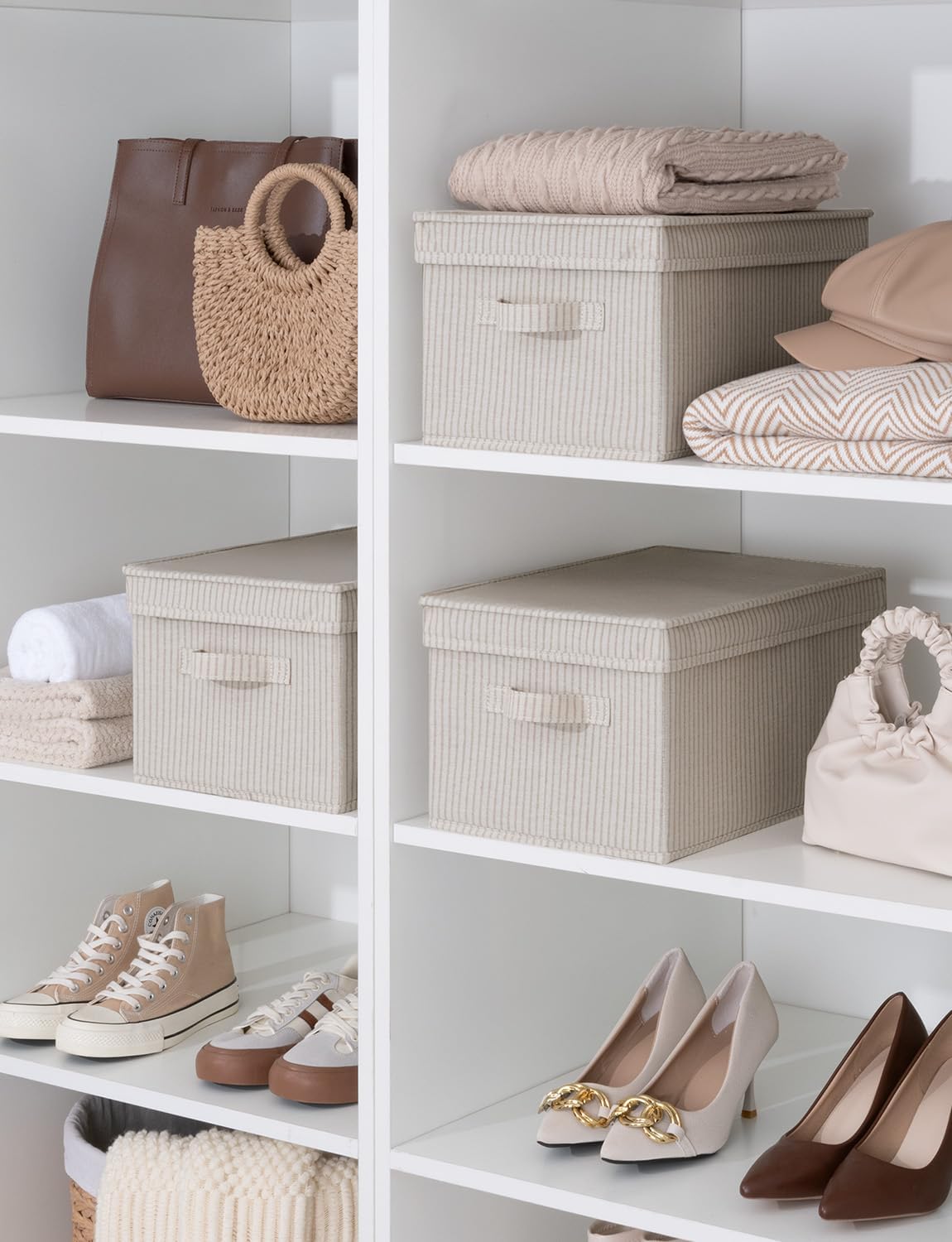 StorageWorks Large Storage Bins with Lids, Decorative Storage Boxes with Lid and Handles, Foldable Storage Baskets for Closet, Shelves, Stackable, Khaki Stripe, 3-Pack