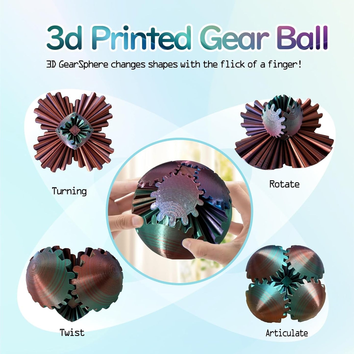 GearSphere Fidget Toy, 3D Printed Gear Ball Spin Ball Cube Desk Toy, 2024 Gear Sphere Cube Puzzlefor Adults Kids, Stress and Anxiety Relaxing Fidget Toy (Green-Purple-Copper)