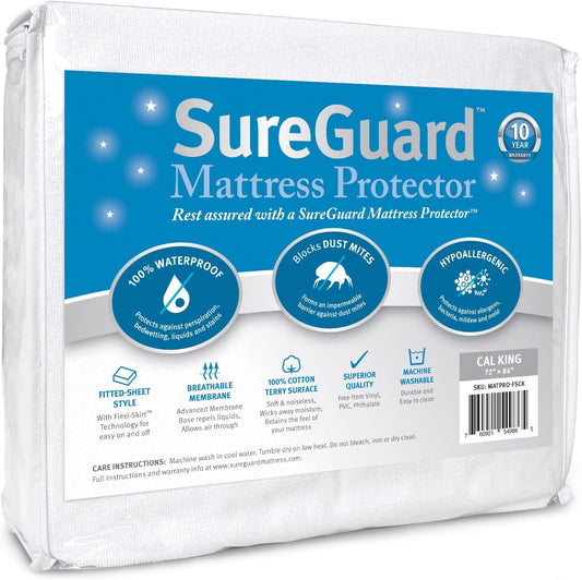 SureGuard California King Mattress Protector - 100% Waterproof, Hypoallergenic - Premium Fitted Cotton Terry Cover White