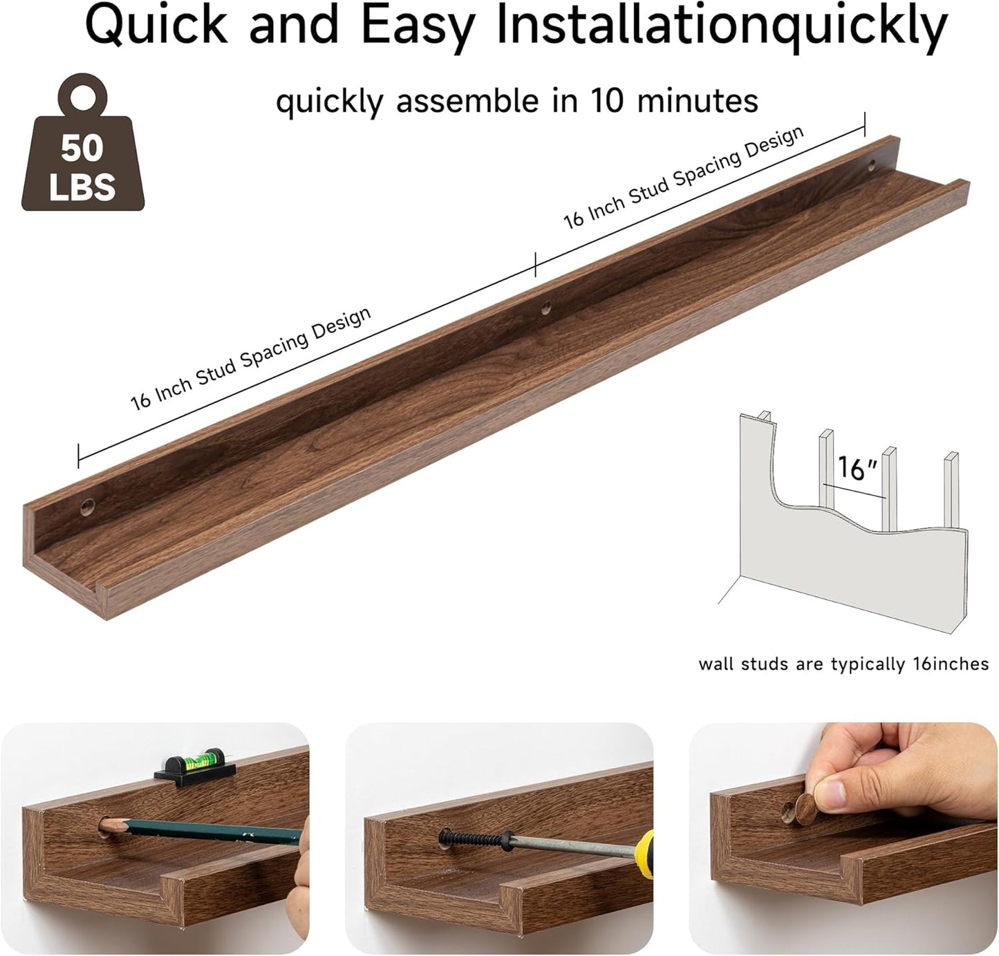 Fun Memories Picture Ledge Shelf, 36 Inch Floating Shelves Set of 2, Nursery Book Shelves for Toys Storage, Kids Bookshelf Wall Mounted for Wall Decor Books Photo Frames, Walnut