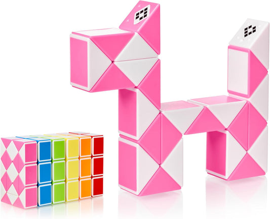 CUBIDI® Magic Snake Cube | Fidget Snake Toy for Kids | Travel Toys for Kids Ages 4-8 | Great Gift for Boys and Girls Birthday, Christmas, Stocking Stuffers - 24 Blocks | 0.9 inch x 0.7 inch | Pink