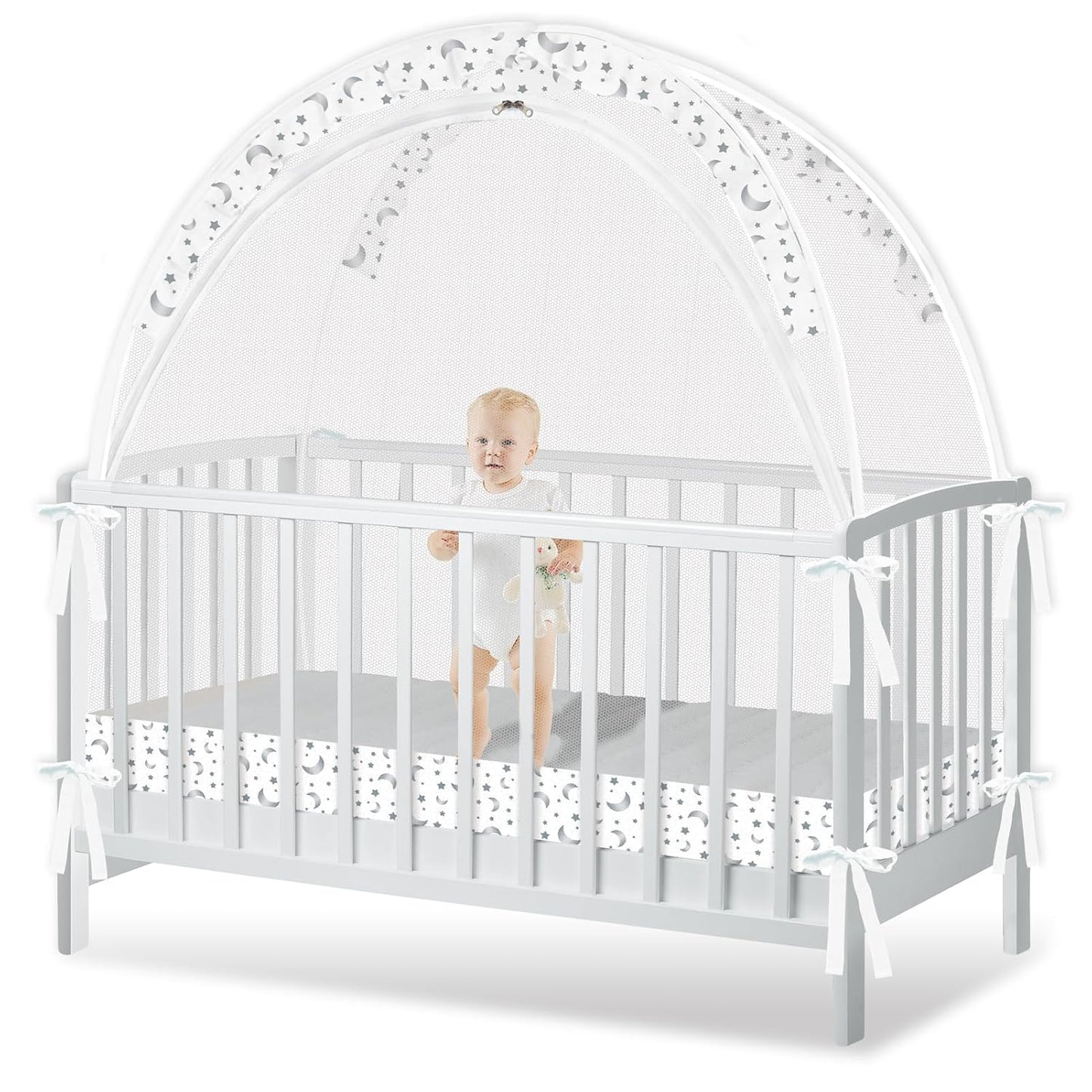 Crib Tent to Keep Baby from Climbing Out - Crib Net to Keep Baby in - Pop Up Breathable Cribs Cover - Canopy with Upgrade Strong Mesh and Durable Zipper (White-Star and Moon, Lager)