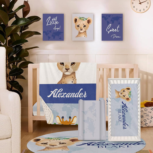 Personalized Baby Crib Bedding Set for Baby Boys Girls, Blue Leopard Pattern Custom Name Baby Crib Sets 5-Pcs, Toddler Double Layer Blanket Fitted Sheets Changing Pad Cover Rug Wall Art Set