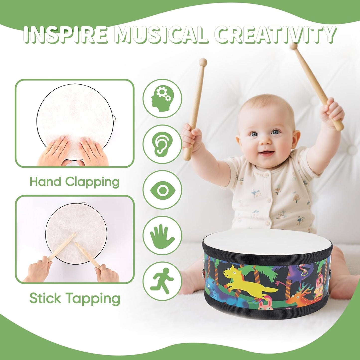Kids Drum Set with Adjustable Strap: Toddler Musical Instrument for Ages 3-5, Wearable Drum Kit with Drumsticks, Educational Percussion Toy for Rhythm Music Development (Black)