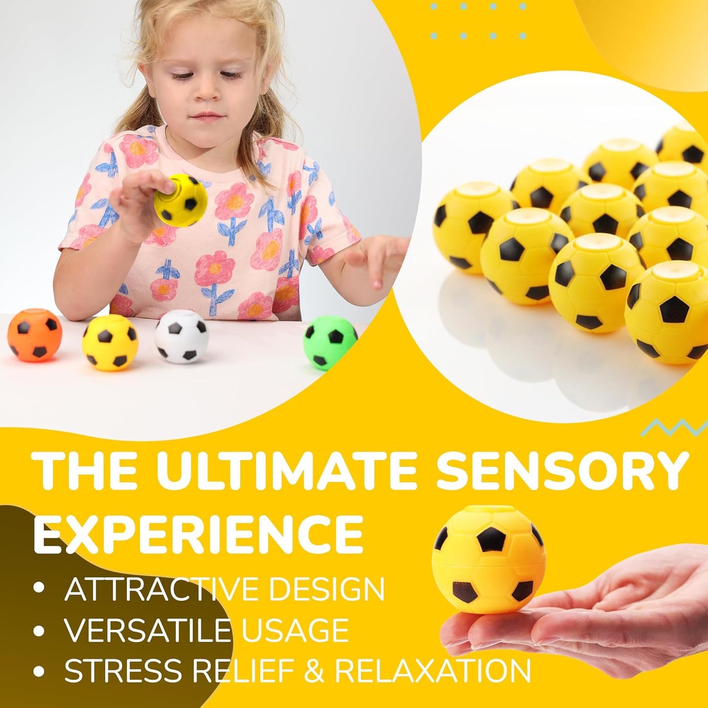 Entervending Fidget Spinners - 2 Inch Stress Balls - 12 Pcs Soccer Party Favors - Yellow Mini Fidget Spinners - Classroom Prizes - Fidget Spinners for Kids - Easter Basket Stuffers