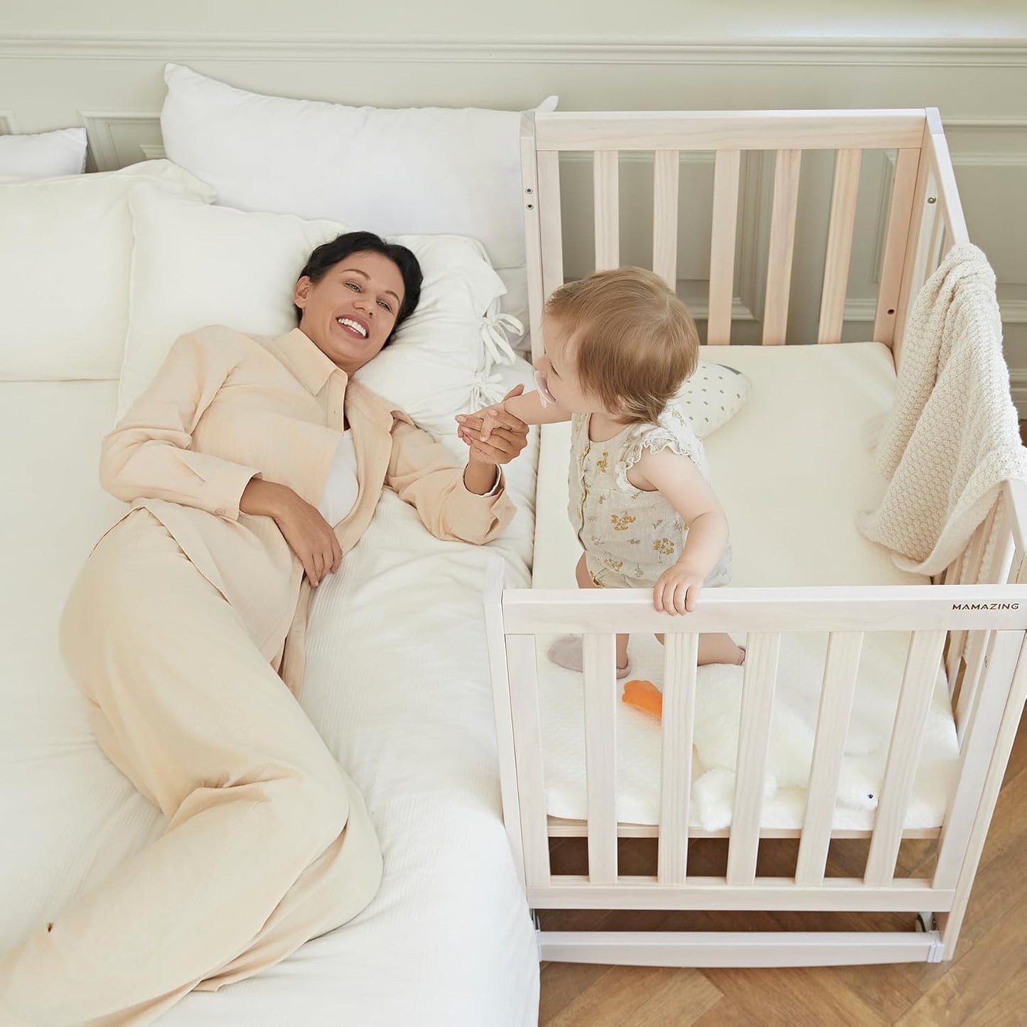 EvoNest Baby Crib, 11 in 1 Convertible Mini Crib with Wheels, 100% New Zealand Wood Growing Bed, 4 Adjustable Mattress Height,Washed Natural