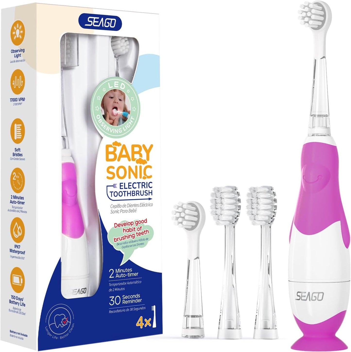 SEAGO Toddler Electric Toothbrushes for Baby Ages 0-3 Years, Baby Toothbrush with Smart Timer and Suction Base, 4 Replacement Brush Heads SG-513(Purple-C)