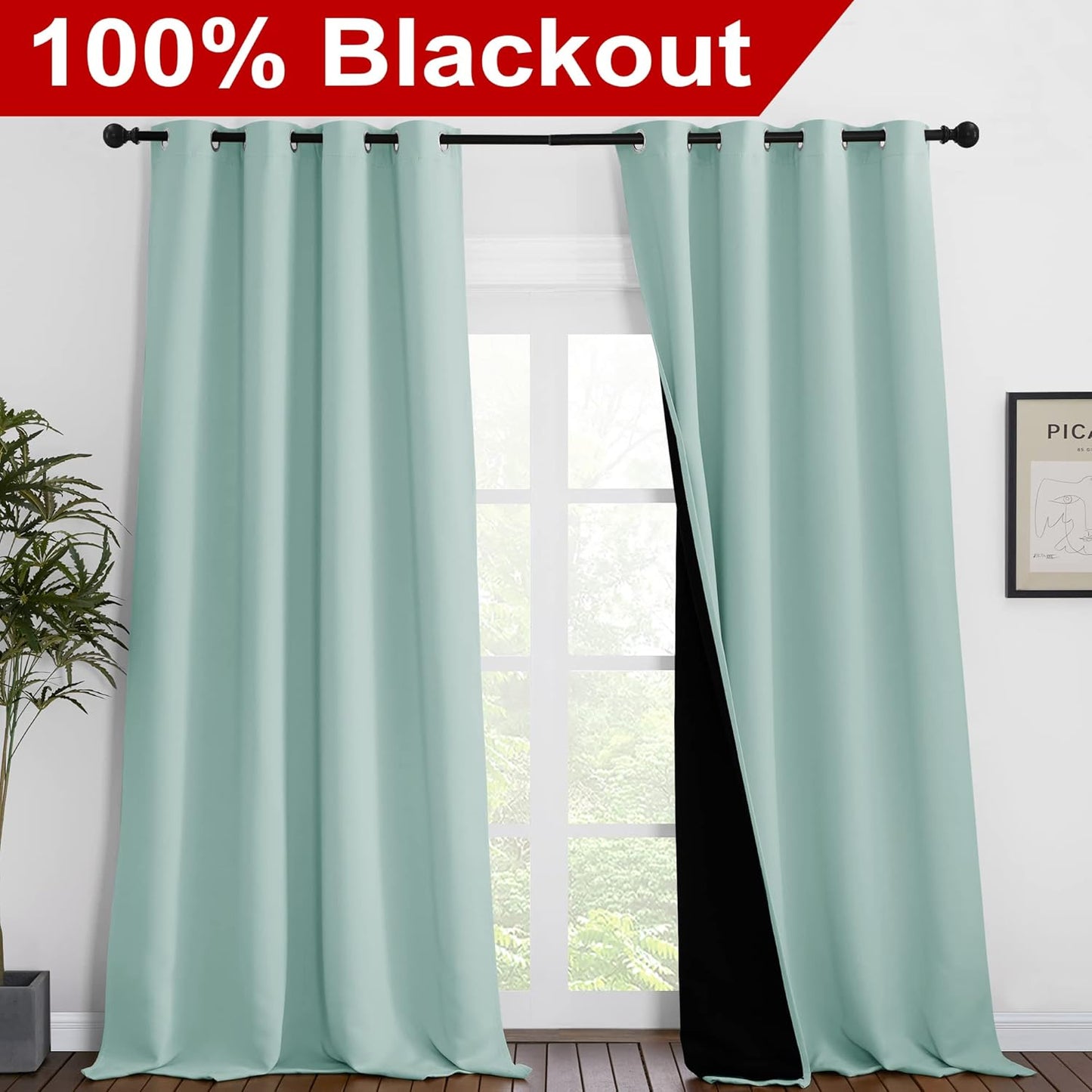 NICETOWN Full Shading Curtains 96 inches Long 2 Panels Set for Windows, Super Heavy-Duty Black Lined Blackout Curtains for Bedroom, Privacy Assured Window Treatment (Aqua Blue, 55 inches W)