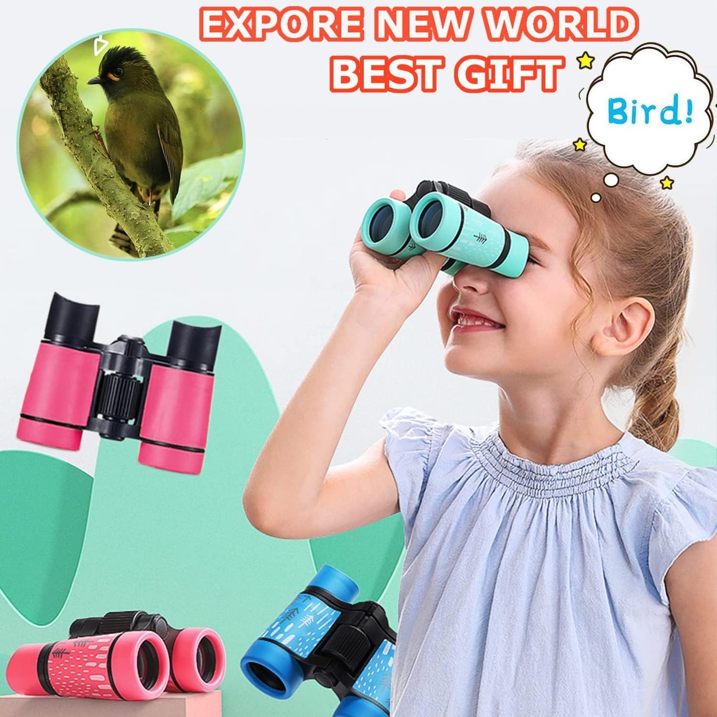 Kids Binoculars Best Gifts for 3-12 Years Boys Girls High-Resolution Optics Shockproof Mini Compact Binocuolar Toys Folding Small Telescope for Bird Watching Camping Outdoor Play