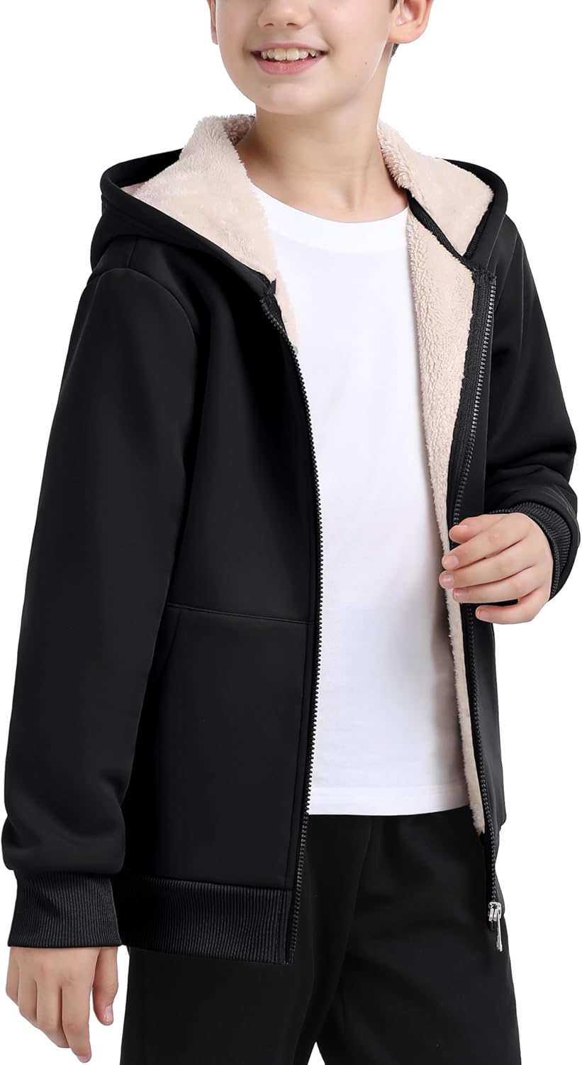 MoFiz Kids Fleece Jackets Sherpa Lined Hoodie Jacket Hooded Zip up Sweatshirt Coats for Boys Girls Winter Casual Outerwear