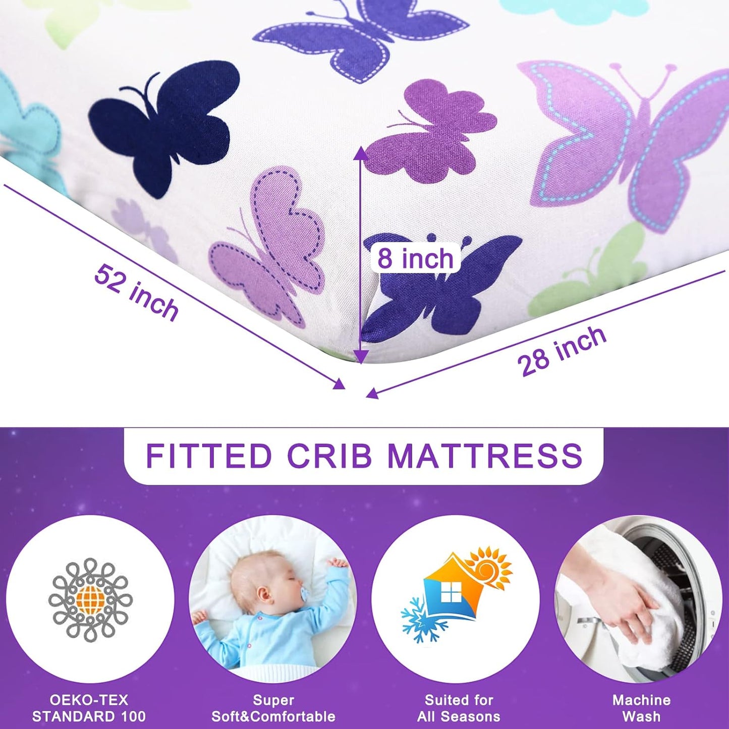 Wowelife Butterfly Crib Bedding Set for Girls 3 Piece Baby Girl Bedding Sets Purple Nursery Crib Sets Newborn, Infant &Toddler Include Quilted Comforter,Crib Skirt and Fitted Sheet, Purple