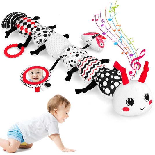 Baby Toys 0-12 Months - Musical Caterpillar Stuffed Animal Soft Plush Toys for Infant Girls Boys 3 6 12 Months Tummy Time Sensory High Contrast Black White Newborn Toys Gifts, W/ Mirror Rattle