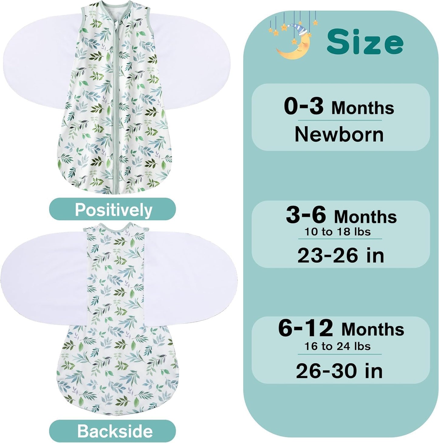 Newborn Sleep Sack Baby Swaddle,0-3 Months,3-Way Adjustable Wearable Blanket,100% Rayon Cotton Swaddling Sleeping Bag，TOG 0.5（Banana&Leaf）