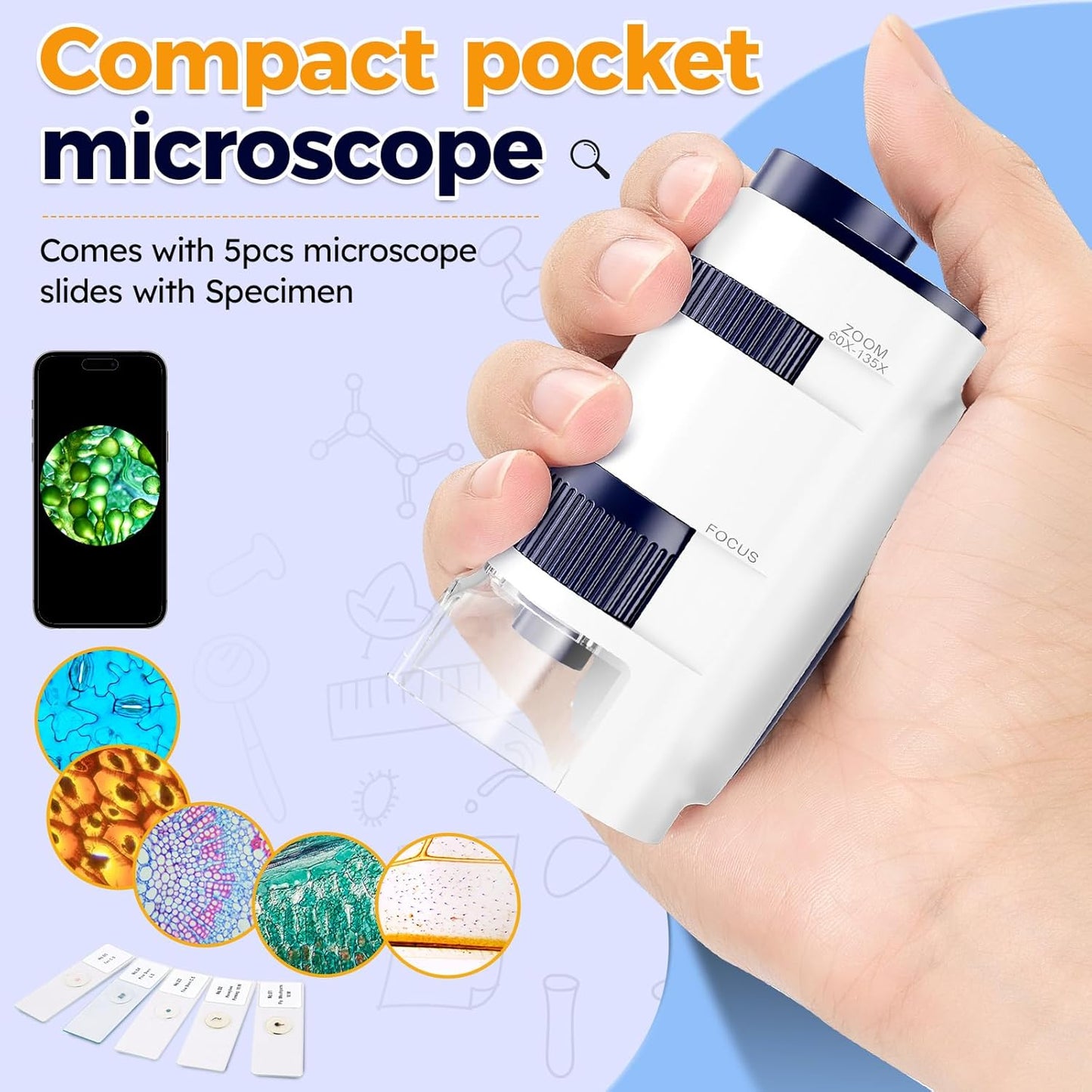Handheld Portable Pocket Microscope for Kids - BEBANG 135x Mini Lab Kids Microscope with 5 Prepared Slides LED Portable Microbiological Observation Miniscope Tool for Science Exploration