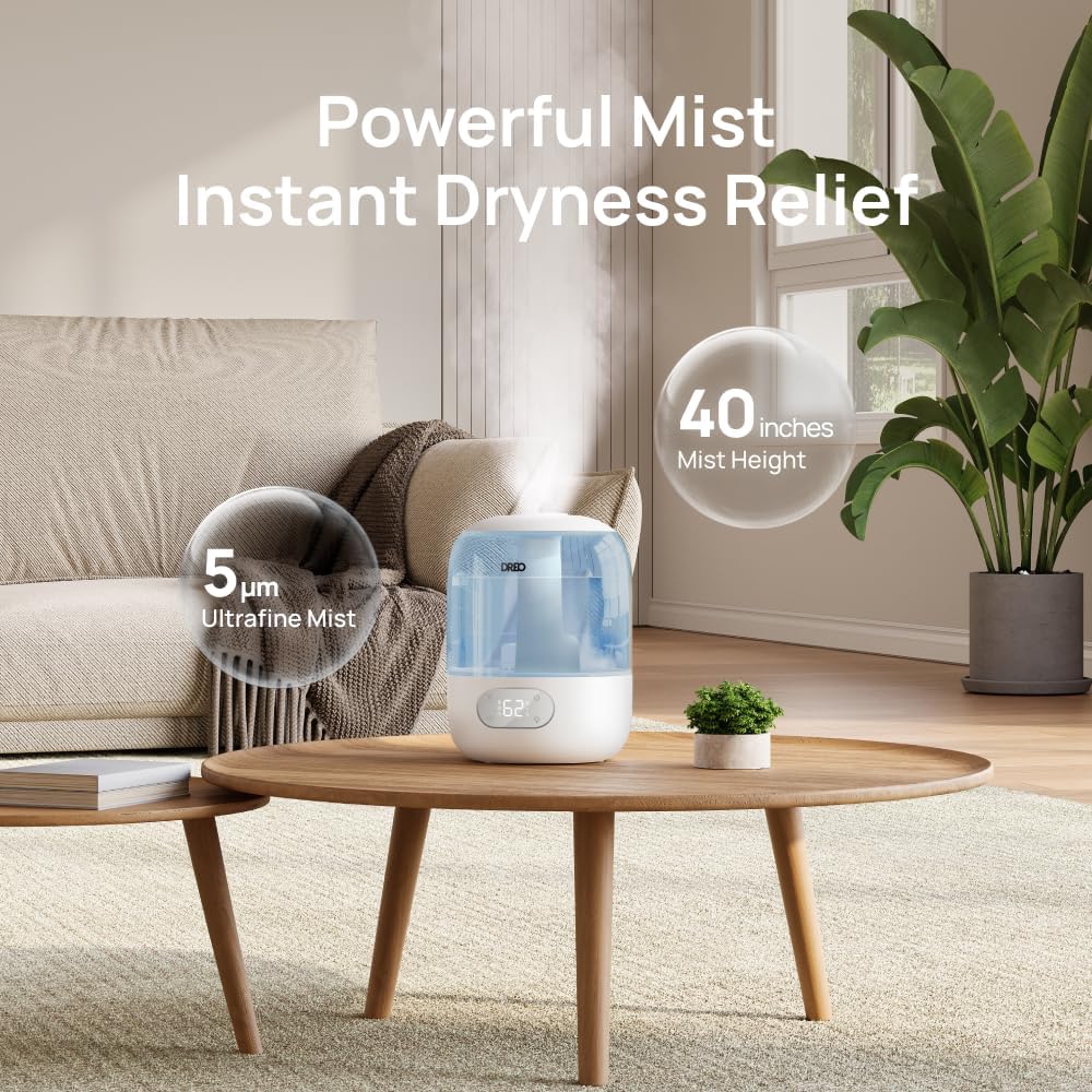 Dreo Humidifiers for Bedroom, Cool Mist Ultrasonic Humidifiers with 30Hr Runtime, Top Fill 3L Tank, Easy Clean, Humidity Sensor, Night Light for Baby, Nursery, 360° Nozzle for Plants and Home, Blue