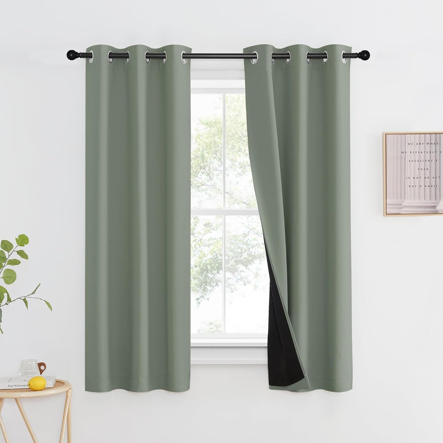 NICETOWN 100% Blackout Window Curtain Panels, Heat and Full Light Blocking Drapes with Black Liner for Nursery, 60" Drop Thermal Insulated Draperies (Greyish Green, 2 Pieces, 37" Wide Each Panel)