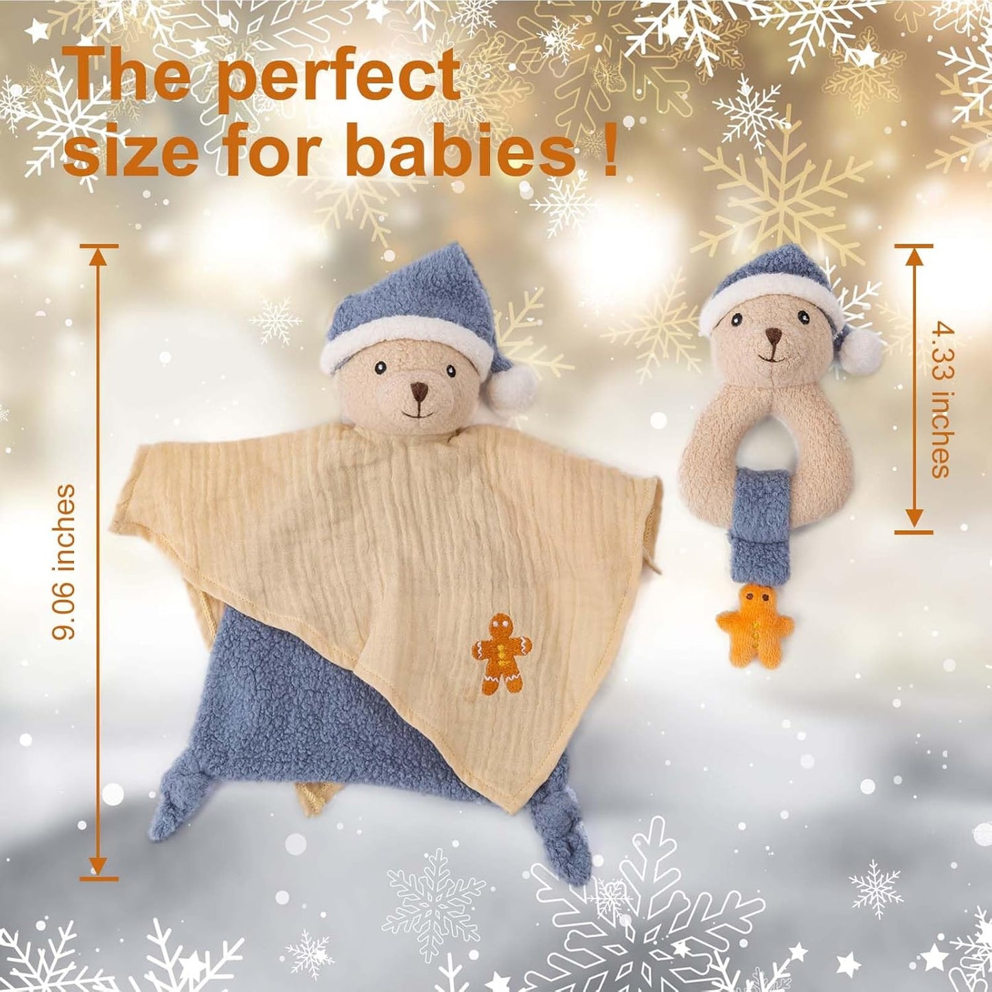 Organic Cotton Stuffed Animal Rattle Baby Toys, Plush Polar Bear Cuddle Cloth and Hand Grip Ring Rattles Plush Toy Set for Newborns Infant Boys Girls, 2 PCS