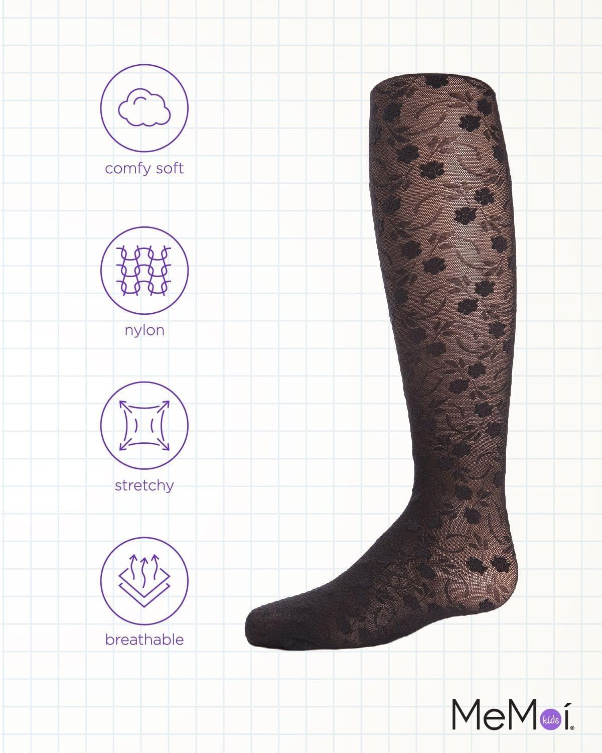 MeMoi Sweet Blossoms Sheer Tights for Girls, Ultra Soft and Lightweight Floral Lace Girls Tights - Sizes 2-14