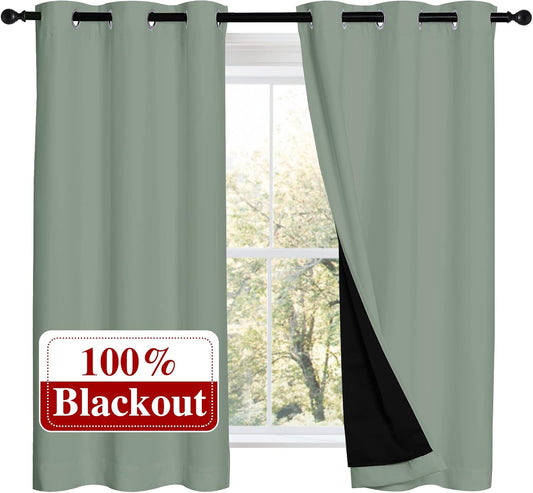 NICETOWN 100% Blackout Curtains 54 inches Long, Double-Deck Completely Blackout Window Treatment Thermal Insulated Lined Drapes for Small Window (Greyish Green, 1 Pair, 42 inches Width Each Panel)