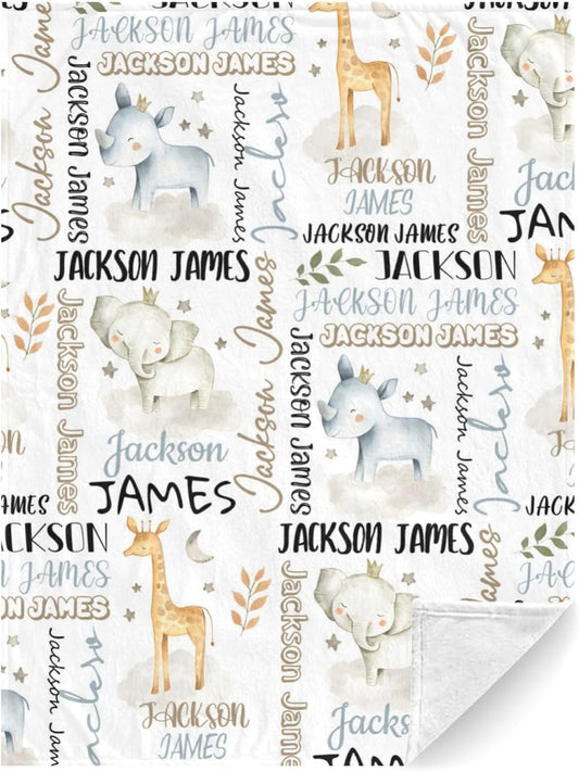 Personalized Safari Animal Swaddle Blanket - Custom Blanks for Boys, Name Blanket for Toddlers & Newborns