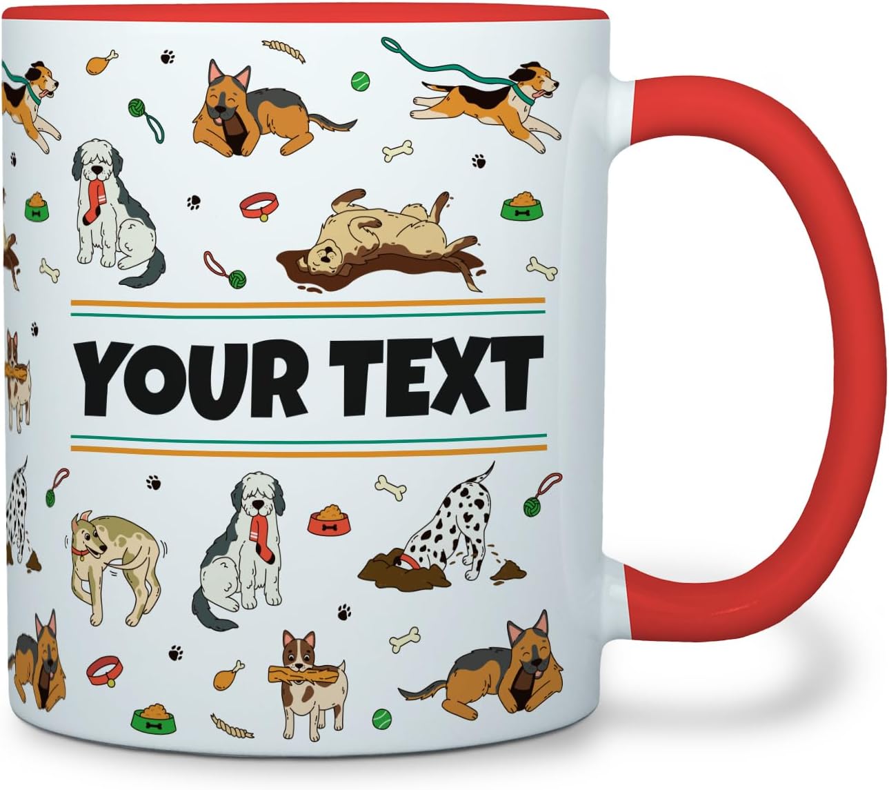 Personalized Mug for Kids - Dogs - Custom Name/Text, Ceramic Hot Chocolate/Cocoa/Coffee Cup for Boys/Girls, Birthday/Christmas/Holiday Gift - 11 oz, Red Handle