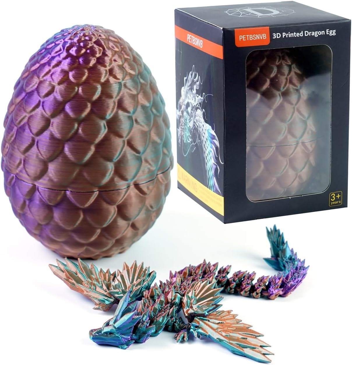 3 Colors 7" 3D Printed Dragon with Wings in Egg, Easter Basket Stuffers, Crystal Dragon Surprise in Eggs, Articulated Dragon, Dragon Fidget Toy, Home Office Decor Executive Desk Toy (Brown)