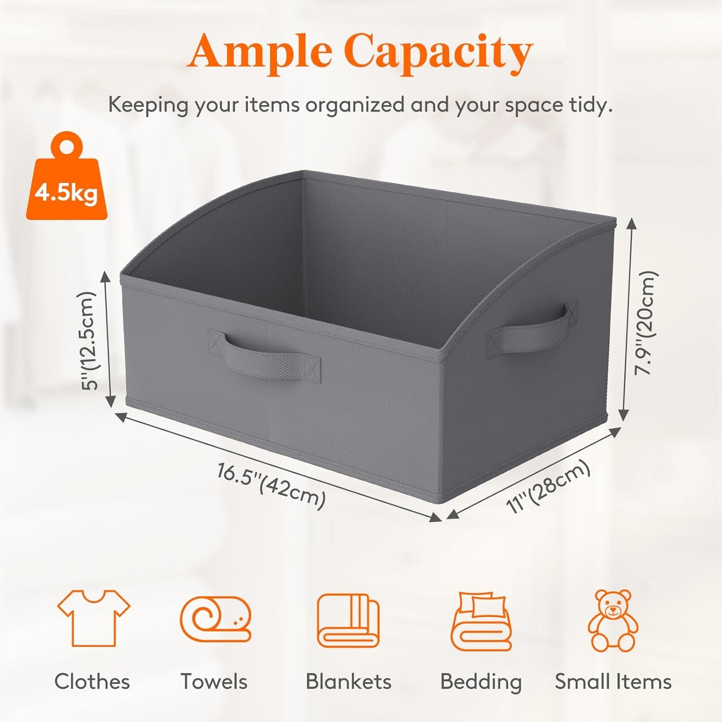 Lifewit Storage Baskets for Shelves, 6 Packs Non-woven Fabric Trapezoid Closet Organizer Bins with Handles, Foldable Clothing Containers Box for Clothes, Toy, Towel, Book, DVD, Hats, Medium-Grey