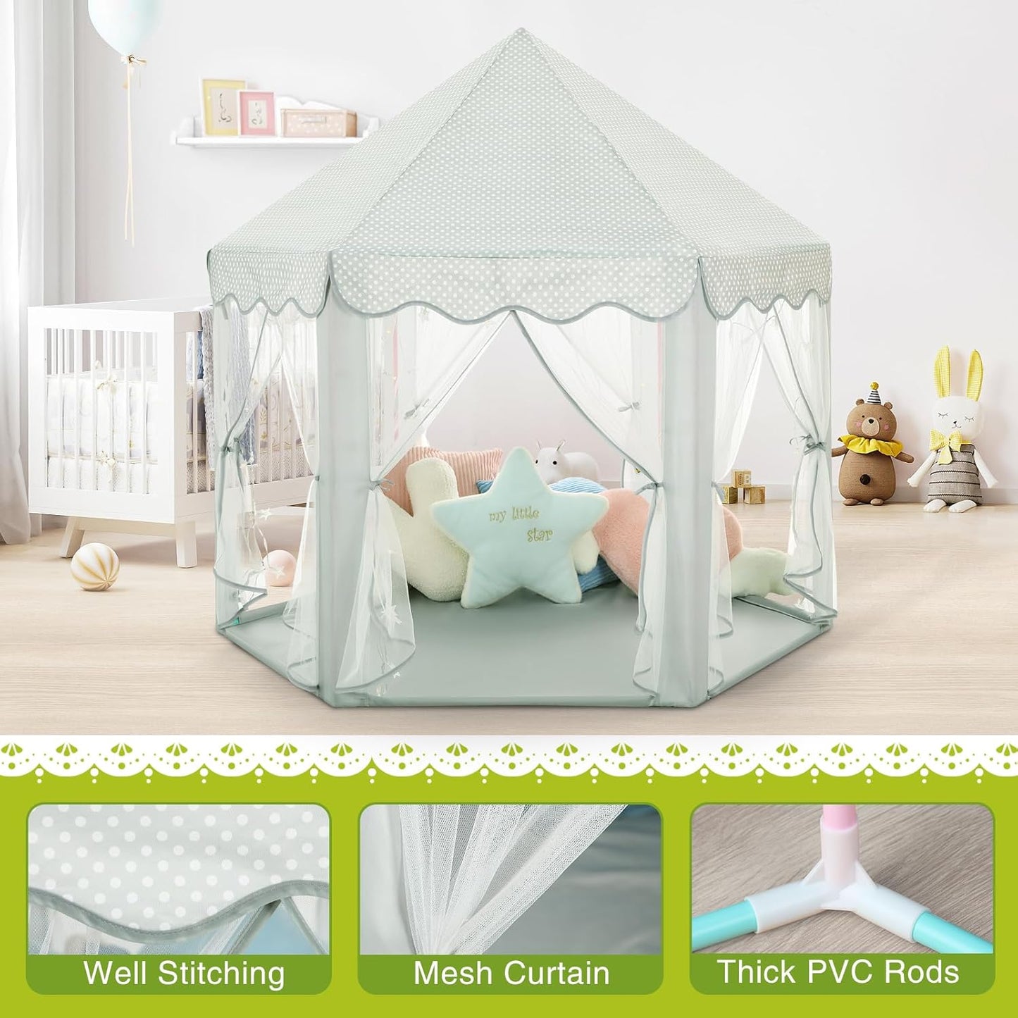Monobeach Princess Tent Girls Celadon Large Playhouse Kids Castle Play Tent with Star Lights Gift Toy for Children Indoor and Outdoor Games, 55'' x 53'' (DxH)