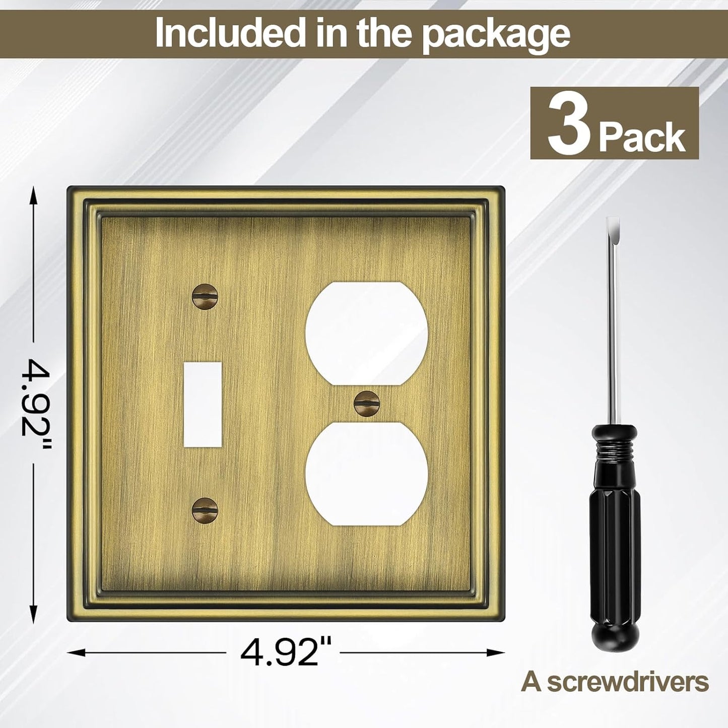 Combination Metal Light Switch Covers Wall Plate, 1 Toggle/1 Duplex Switch Plate Outlet Covers Antique Brass Decorative 2 Gang Wall Plate - Classic Style, 3 Pack