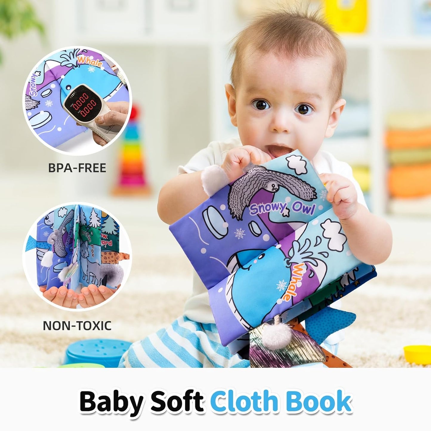 Jollybaby Baby Cloth Books, Touch & Feel Crinkle Soft Books, for Infants Babies, Toddler Early Educational Interactive Stroller Toys, Baby Girl & Boy Gift(Glacier Tails)