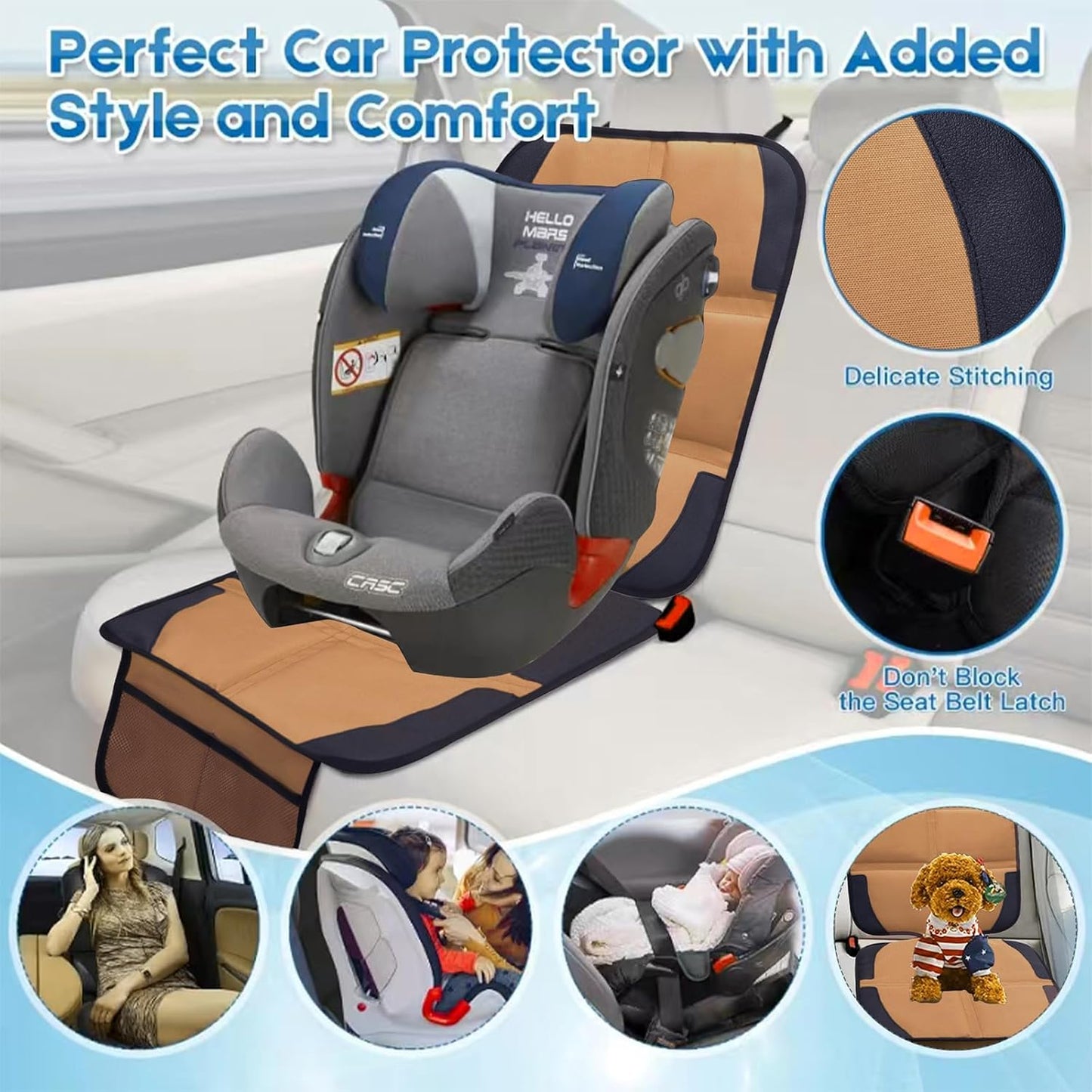 Car Seat Protector for Child Car Seat, 2 Pack Baby Car Seat Covers with Mesh Pockets & Non-Slip Backing 600D Durable Seat Protector (Brown, Standard)