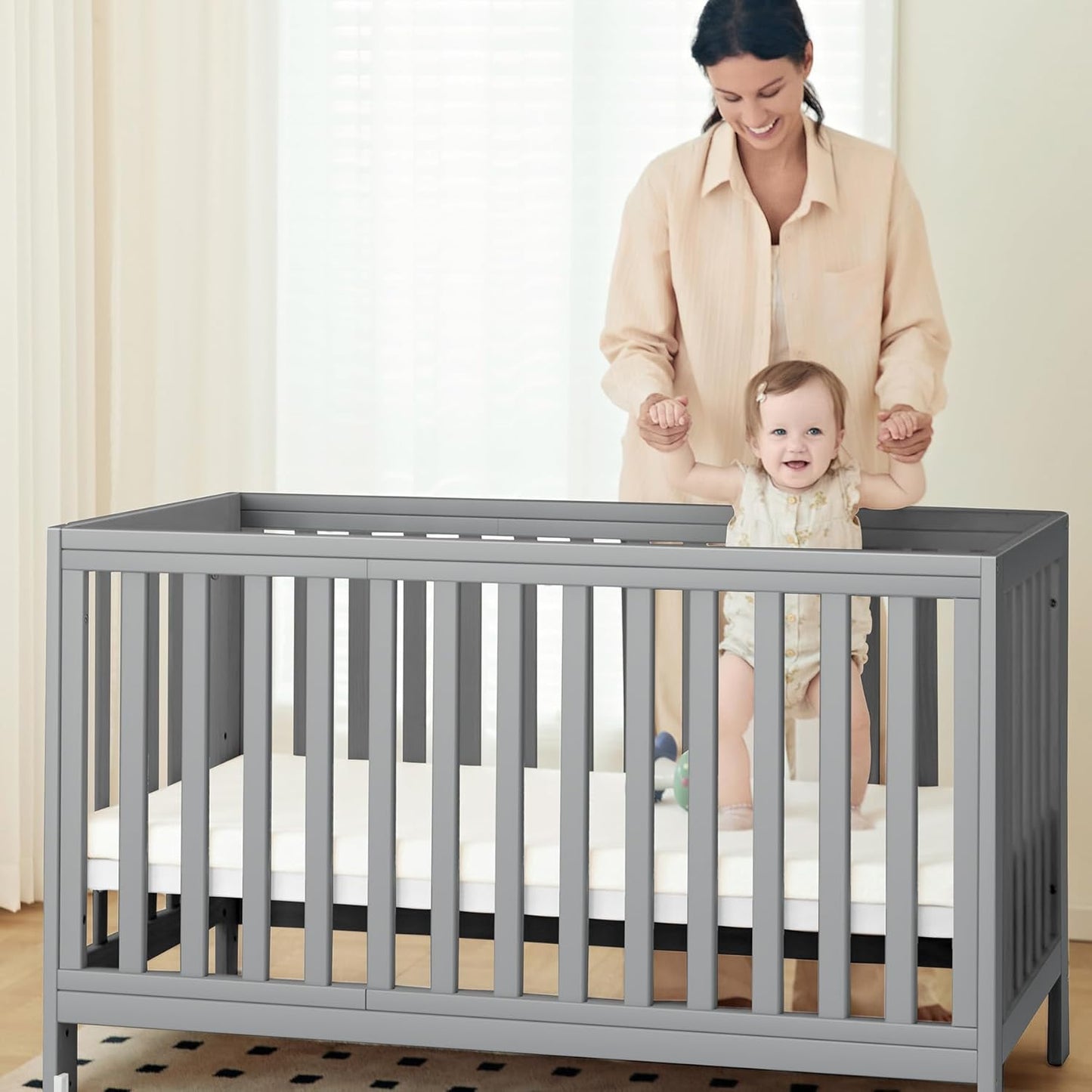 EvoNest Baby Crib, 11 in 1 Convertible Mini Crib with Wheels, 100% New Zealand Wood Growing Bed, 4 Adjustable Mattress Height,Grey