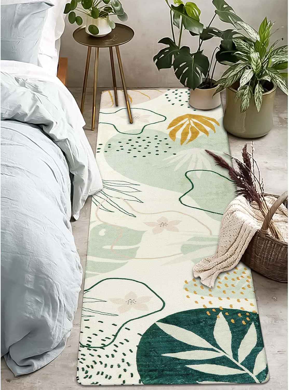 Lahome Green Hallway Runner - 2x7 Washable Non-Slip Runner Rug Throw Lightweight Soft Bathroom Runner Rug, Boho Botanical Print Indoor Carpet Runner for Bedroom Kitchen Entrance Laundry Living Room