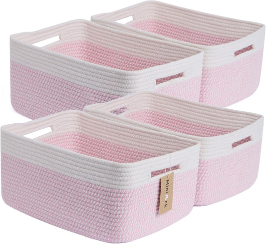 Large Storage Baskets for Organizing, Closet Shelf Baskets for Clothes Blanket Towels, Baby Nursery, Toy Bins Box, Woven Rope Baskets, 17 x 13 x 7.5”, 4 Packs Woven Pink