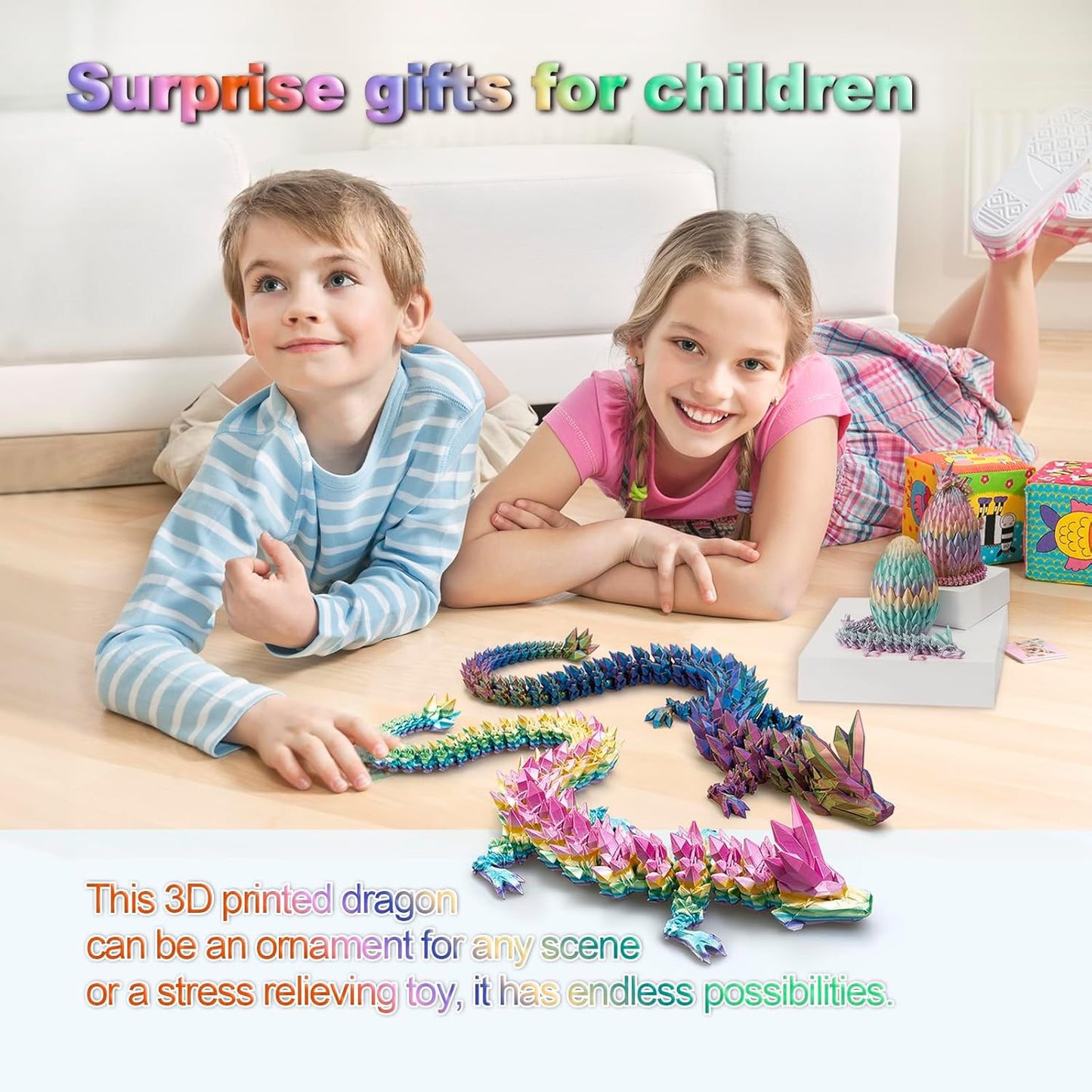 Large 30" 3D Printed Dragon,Articulated Crystal Dragon,3D Dragon Toy,Dragon Collection, Executive Desk Decor (Rainbow)