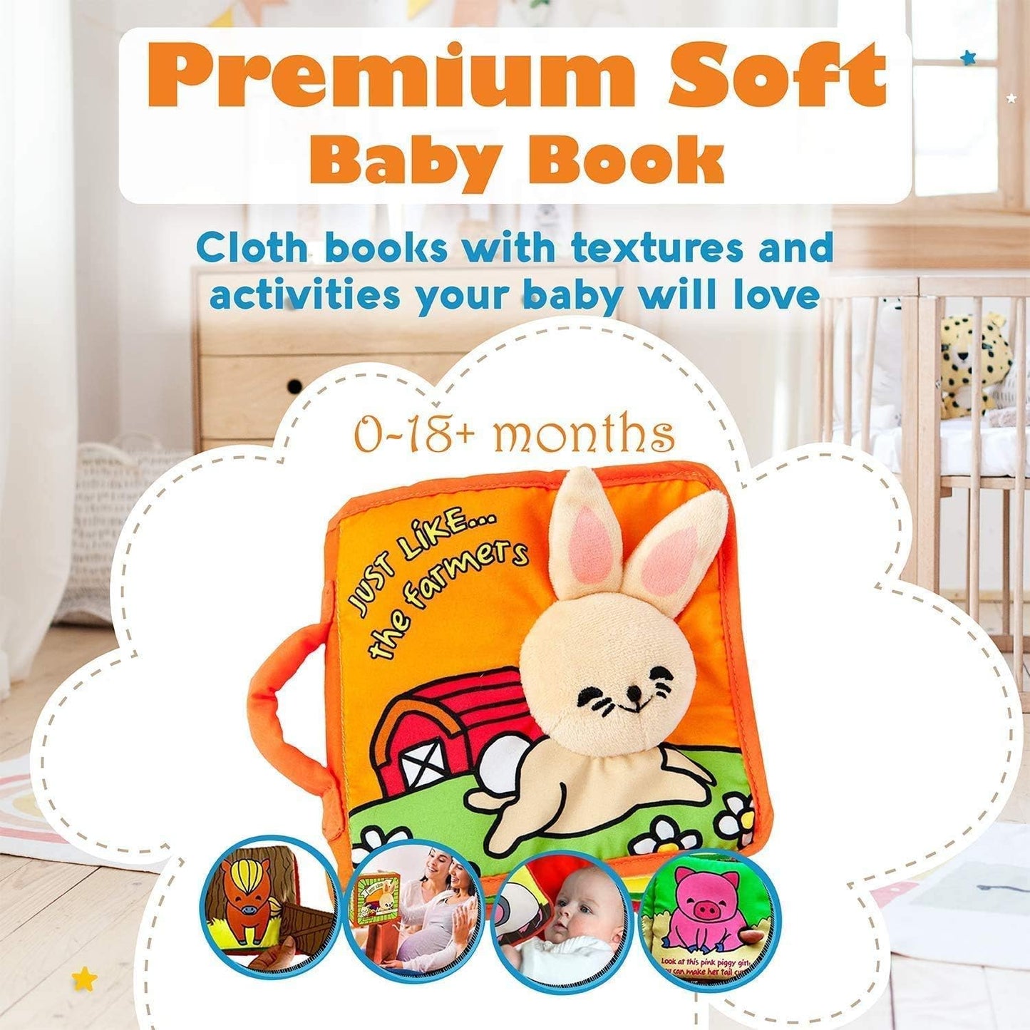 ToBe ReadyForLife Stimulating Baby Books 0-6 Months and 6-12 Months Infants - Crinkle Books for Babies - Toys Gift for 1 Year Old - Soft Cloth Farm Animals Books for Baby