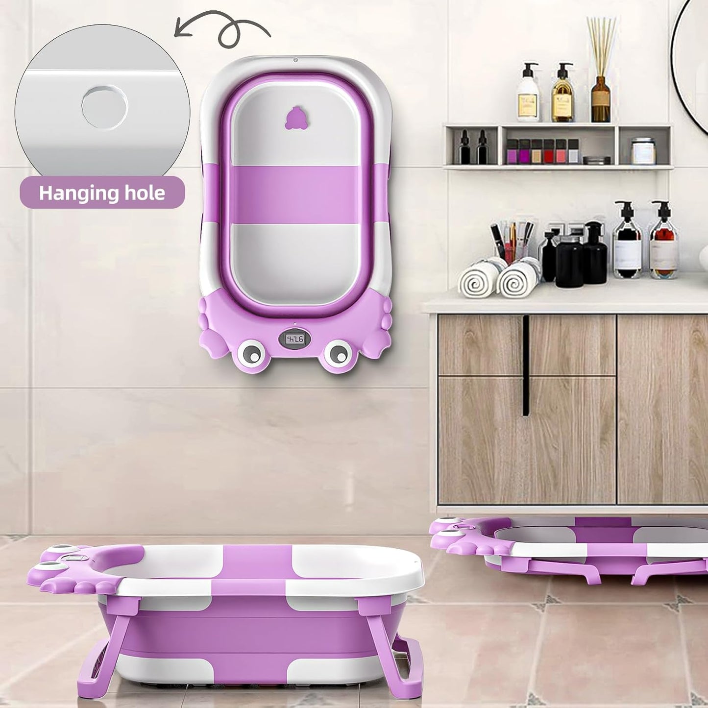 Collapsible Baby Bathtub for Infants to Toddler with Real-time Temp Monitor+Floating Cushion,Foldable Baby Bath Tub Set Applicable 0-36 Month,Portable Travel Bathtub for Newborns Girl (Purple)