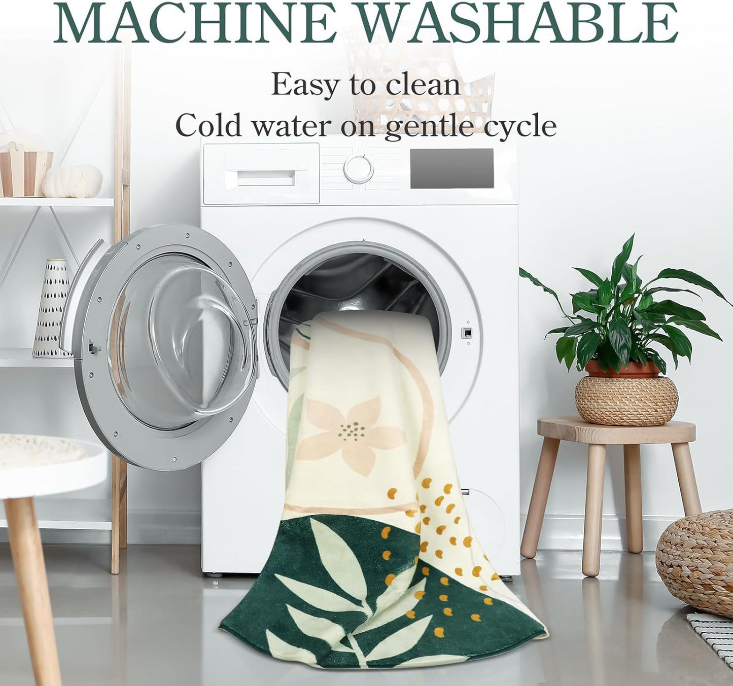 Lahome Green Machine Washable Large Rug - 8 x 10 Area Rugs for Living Room Non-Slip Lightweight Throw Boho Rugs, Soft Botanical Print Indoor Floor Carpet for Bedroom Office Dining Room Classroom