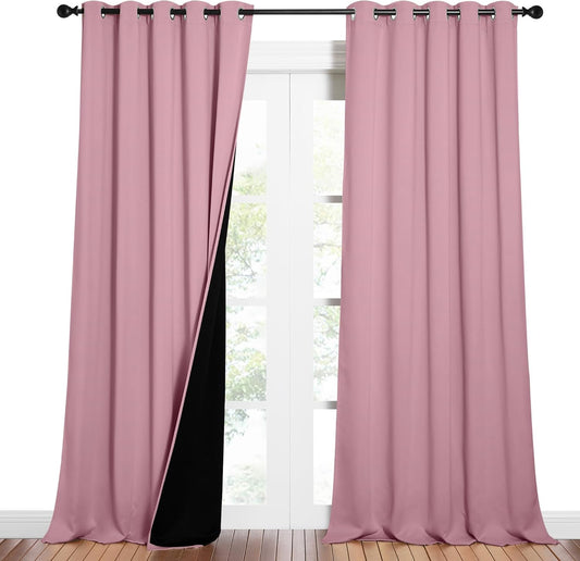 NICETOWN Total Shade Curtains and Draperies, Heavy-Duty Full Light Shading Drapes with Black Liner Backing for Villa/Hall/Dorm Window（Crystal Pink, Package of 2 Panels, 62 inches Wide x 95 inches Long