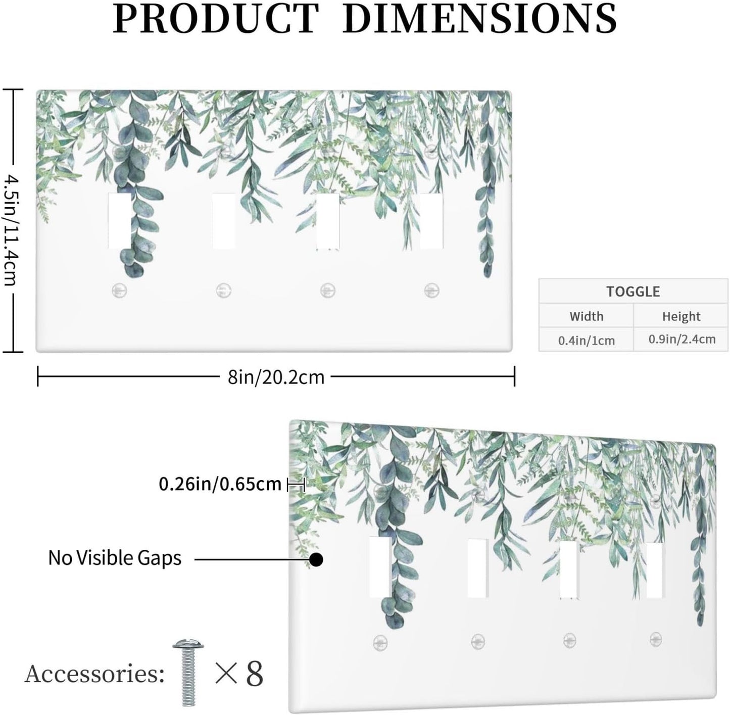 Eucalyptus Leaves Greenery Vine Flowers Simplicity Light Switch Covers Quad Toggle Electrical Faceplate 4 Gang Wall Plate Decorative Switch Plates for Bed Room Living Room Decor