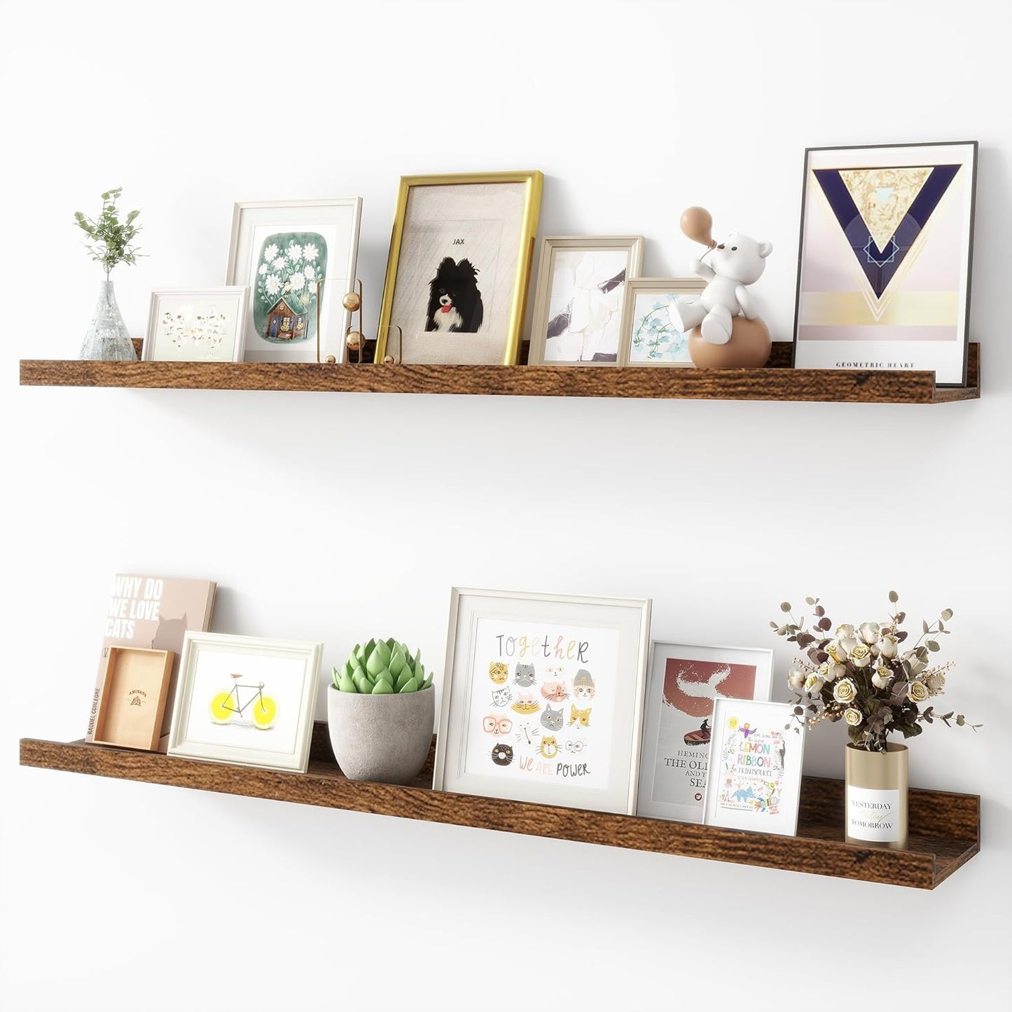 Picture Ledge Shelf, Wood Floating Shelves Set of 2, 36 inch Picture Ledge Shelves, Photo Ledge Nursery Book Shelves Wall Mounted for Living Room Kids' Room Bedroom, Color Brown