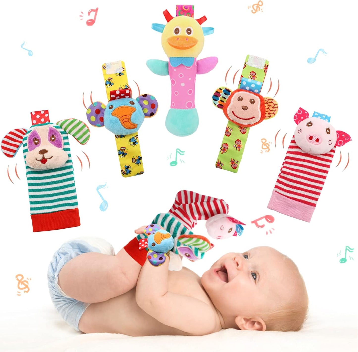 Wrist Rattles Foot Finder Rattle Sock Baby Toy, Rattle Toy, Arm Hand Bracelet Rattle, Feet Leg Ankle Socks, Activity Rattle Present Gift for Newborn Infant Babies Boy Girl Bebe (5 pcs-I)