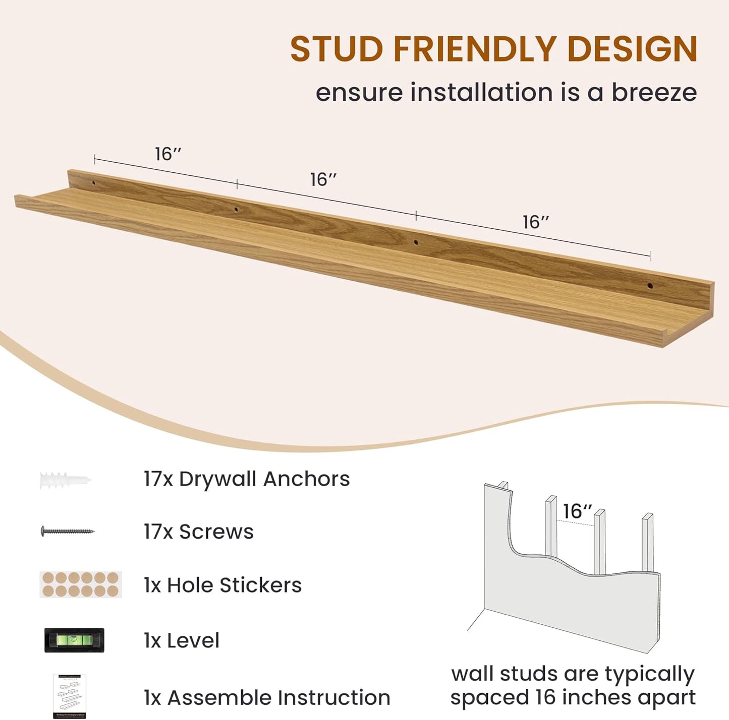 Axeman Picture Ledge Shelf, Floating Shelves for Wall Decor Storage Set of 6, 55 inch Floating Wall Mounted Shelves, Shelves with Lip for Living Room, Bedroom, Nursery, Bathroom, Kitchen, Oak