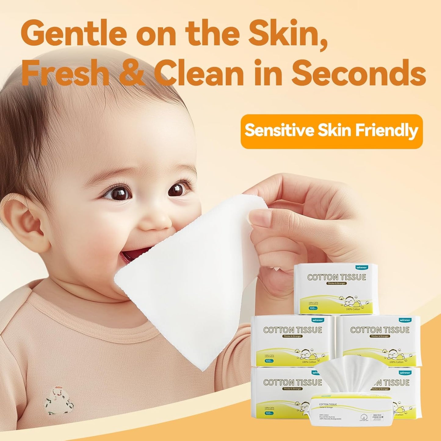 Winner 100% Cotton Dry Wipes, USDA Certified Baby Wipes, 600 Count, Soft & Gentle, Hypoallergenic & Unscented for Baby Sensitive Skin, Use Wet/Dry for Diaper Changes, Meals & Cleanup, Pack of 6