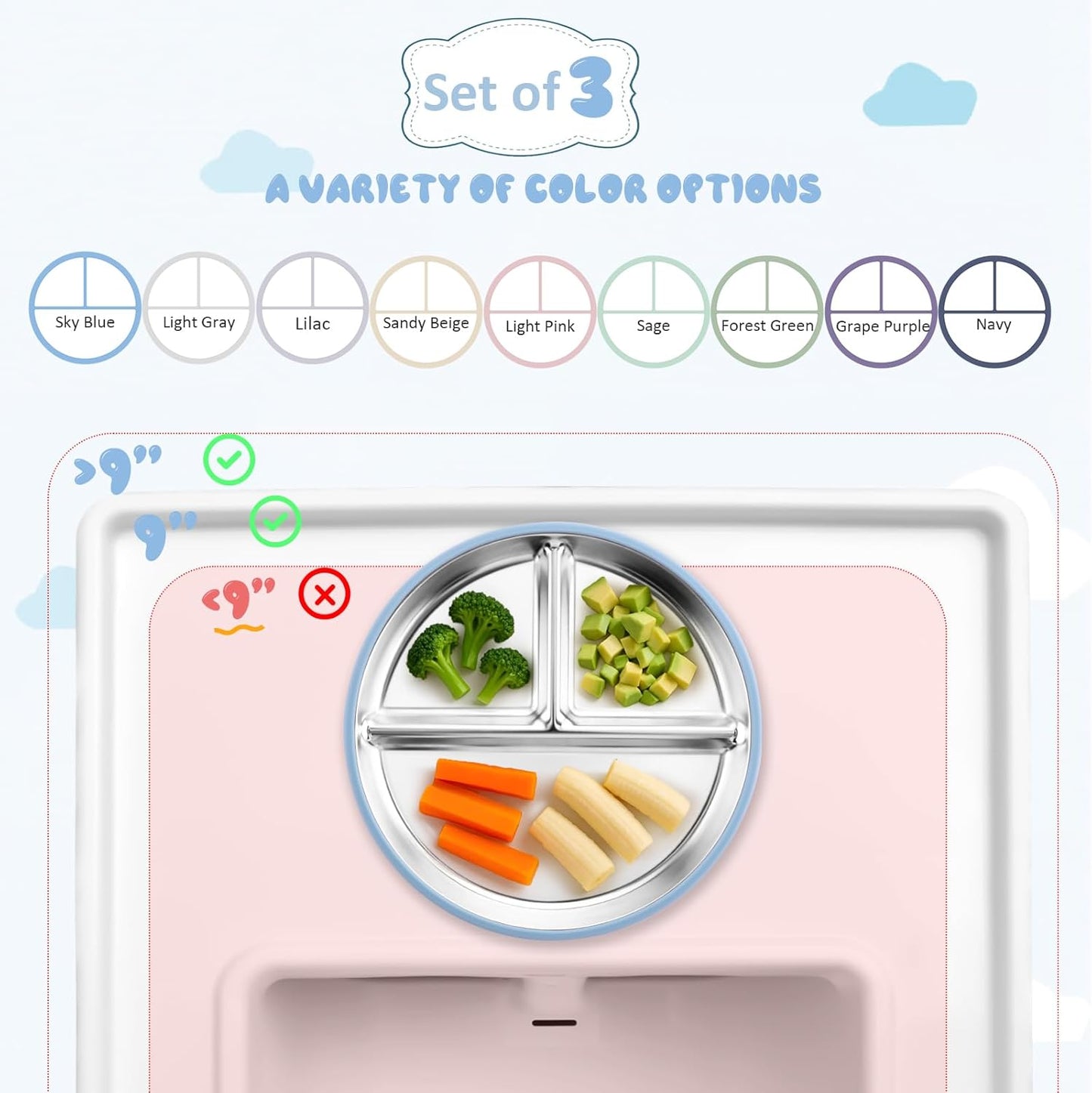 Stainless Steel Suction Plates for Toddlers, 9" Divided Kids Baby Plates with Removable Silicone Suction, Non Toxic Non Slip Portion Control Snack Dishes 3 Packs, Blue Gray Sage