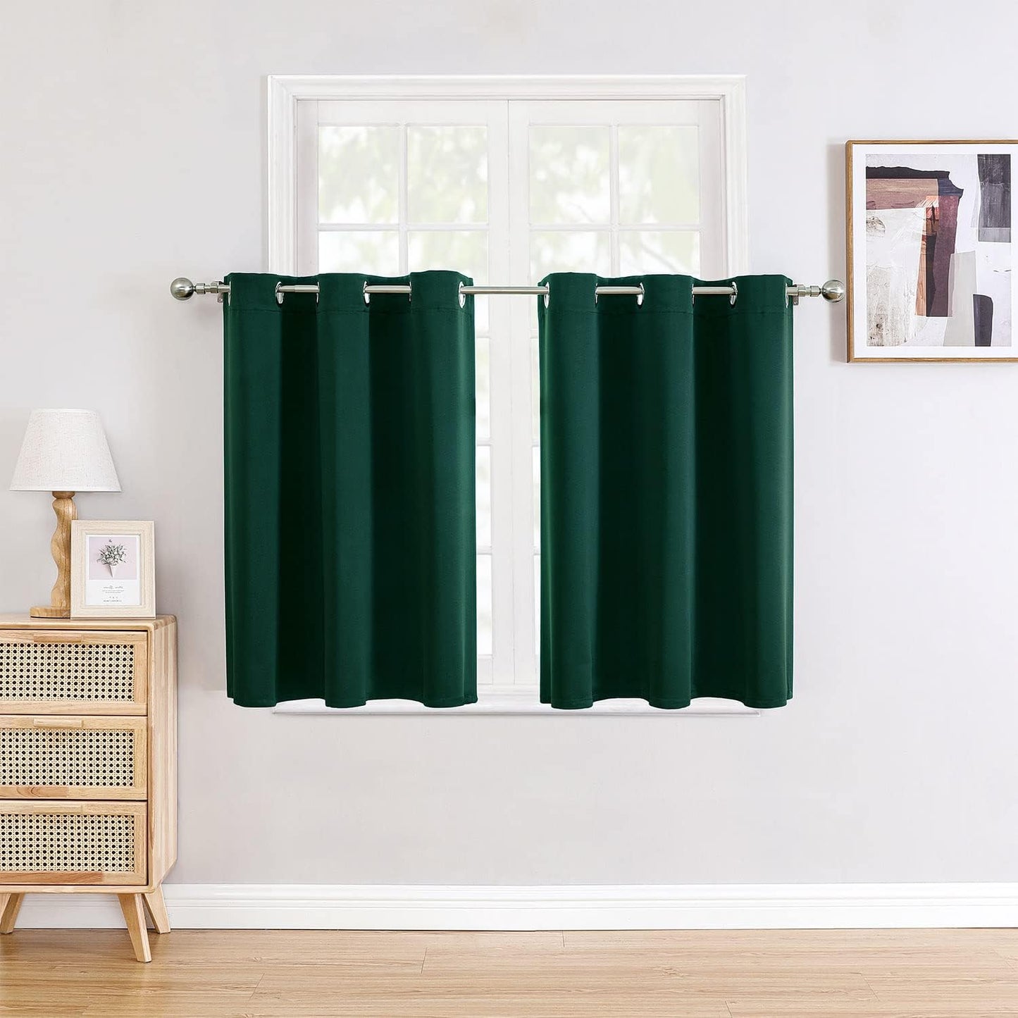 ChrisDowa Small Window Curtains for Kitchen and Bedroom - Grommet Short Thermal Insulated Room Darkening Curtains (2 Panels, Forest Green, 42 x 36 Inch)